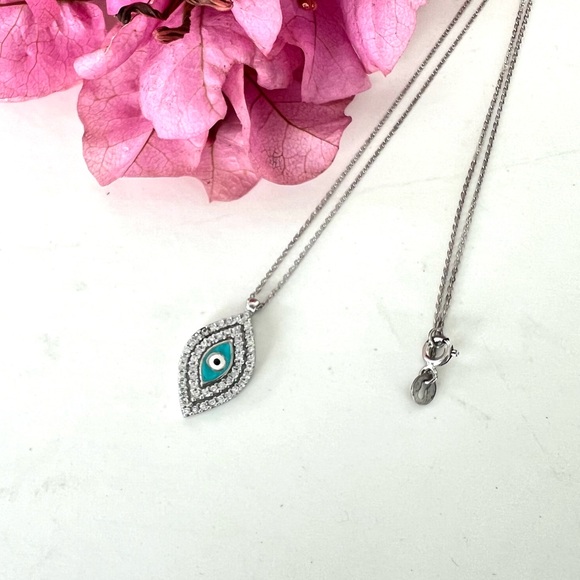 EVIL EYE Dainty 925 Sterling Silver Crystal Rhinestone w Enamel Necklace Sz 17" - Picture 2 of 8